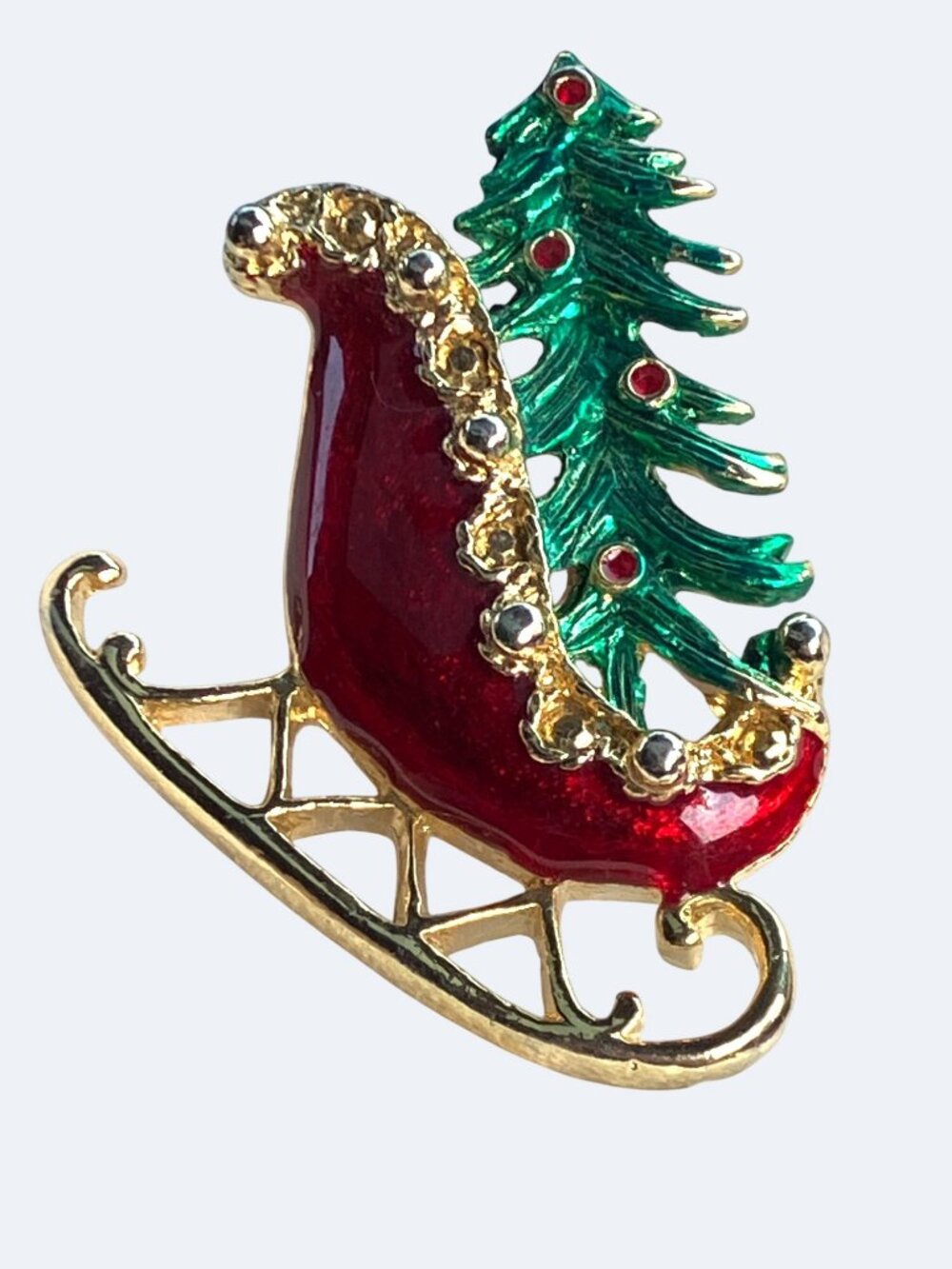 Christmas Sleigh Pin Brooch With Red Enamel Green Tree Design Christmas - Picture 6 of 11